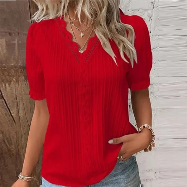 2024 New Summer Women's Top Solid Sexy V-Neck Hollow Short Sleeve Shirt Fashion Splice Plus Size Blouse Loose Street Apparel - Image 6