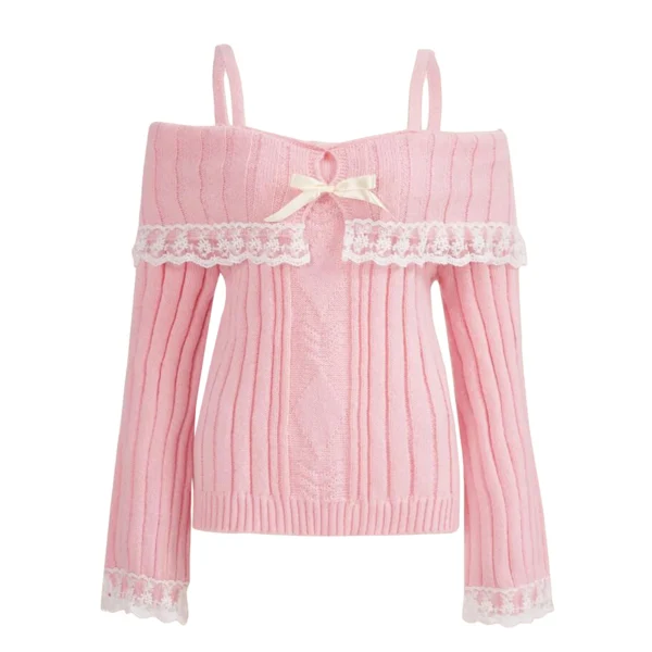 Women's Cold Shoulder Sweaters Long Sleeve Contrast Lace Knit Pullovers Bow Front Jumper Tops - Image 4