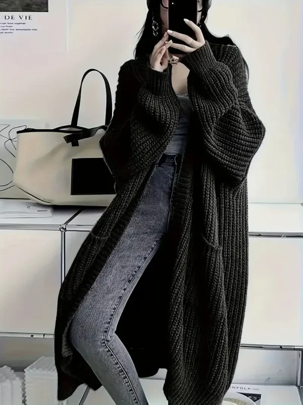 Women's Solid Open Front Knit Cardigan with Pockets - Casual Long Sleeve Sweater for Comfortable Layering - Image 2