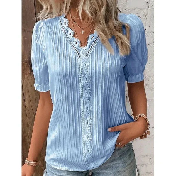 2024 New Summer Women's Top Solid Sexy V-Neck Hollow Short Sleeve Shirt Fashion Splice Plus Size Blouse Loose Street Apparel - Image 4