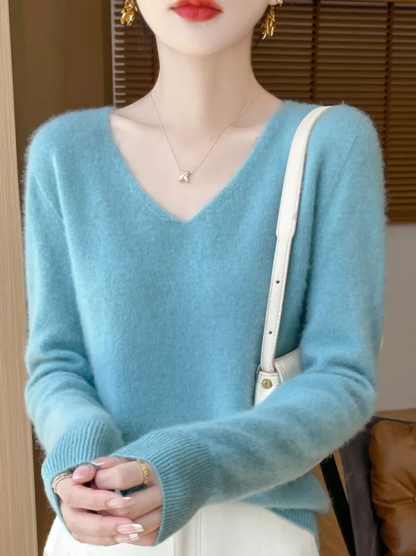 Sweater for Women 100% Merino Wool V Neck Sweater Fall Winter Basic Warm Pullovers Long Sleeve Soft Knit Jumpers Female Clothing - Image 5
