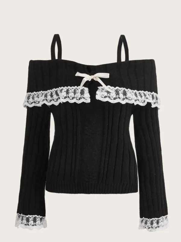 Women's Cold Shoulder Sweaters Long Sleeve Contrast Lace Knit Pullovers Bow Front Jumper Tops - Image 5