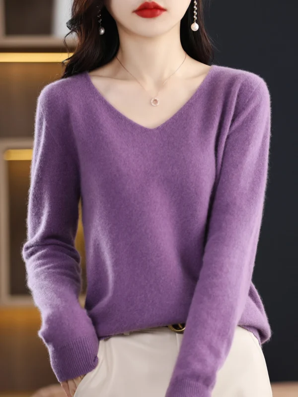 Sweater for Women 100% Merino Wool V Neck Sweater Fall Winter Basic Warm Pullovers Long Sleeve Soft Knit Jumpers Female Clothing - Image 3