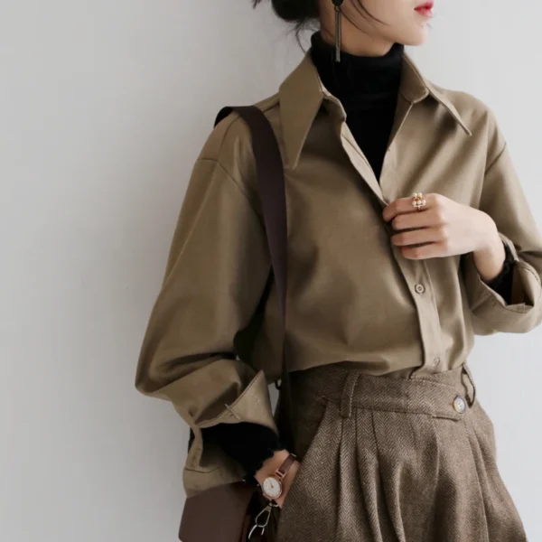 QOERLIN Coffee Blouse Women Spring Autumn Casual Solid Color Long Sleeve Shirt Women Korean Loose Shirt OL Style Workwear S-XL - Image 5