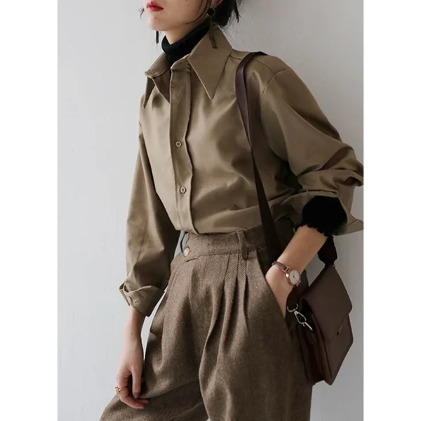 QOERLIN Coffee Blouse Women Spring Autumn Casual Solid Color Long Sleeve Shirt Women Korean Loose Shirt OL Style Workwear S-XL - Image 4