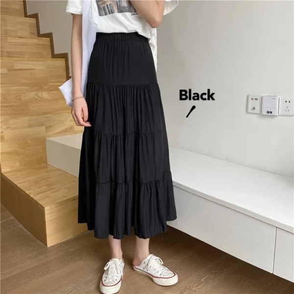 Spring Summer Women Chiffon Skirts Vintage High Waist Elastic Patchwork White Black Chic Long Cake A-line Skirt for Student - Image 4