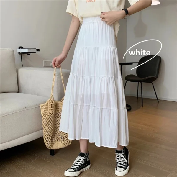 Spring Summer Women Chiffon Skirts Vintage High Waist Elastic Patchwork White Black Chic Long Cake A-line Skirt for Student - Image 2