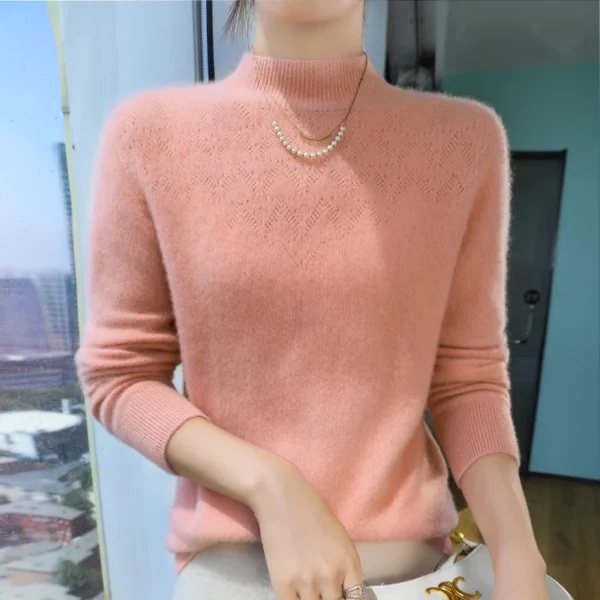 Autumn and winter new semi high neck women's sweater, wool knit sweater, loose and slimming, warm and hollow out design anti pil