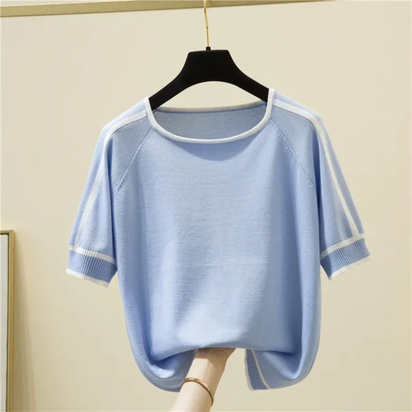 Casual Thin Knitted T-Shirt Camisetas Mujer Summer Short Sleeve Tops Elegant Woman Clothes Striped Fashion Tee Shirt Femme 18841 - Image 3