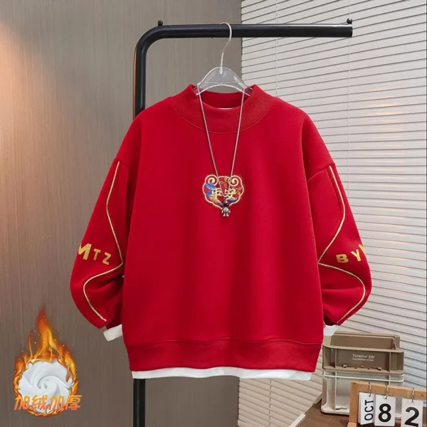 Men's Hoodie Woolen Sweater Red New Year Snake Year Children's Festive Clothing Warm And Thick Boys' Top And Pants - Image 2