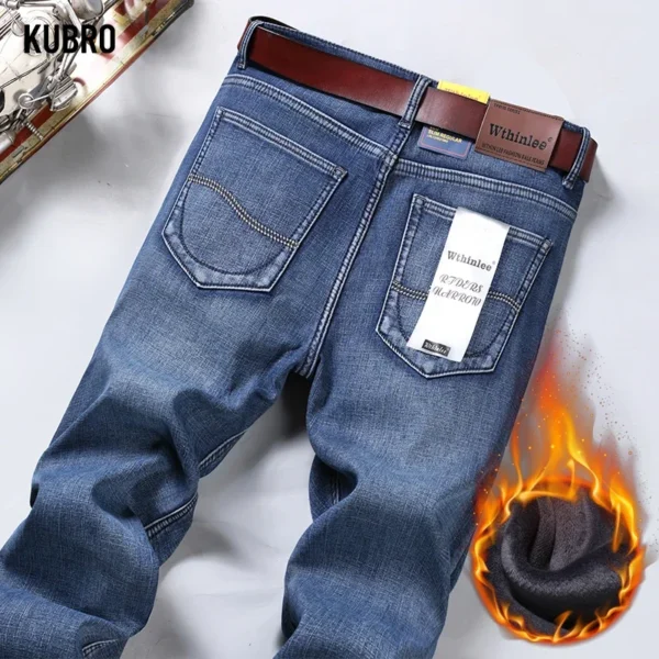 Winter Thermal Warm Flannel Stretch Jeans Mens Winter Quality Famous Brand Fleece Pants Straight Flocking Trousers Denim Jean - Image 3