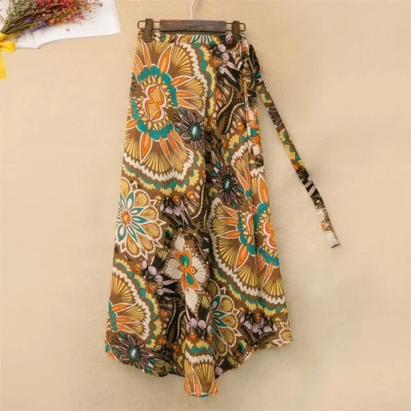 Fashion Cotton Women Floral Print Skirt Side Tie Beach Skirts Summer High Waist Wrap Flower Long Skirt With Slit - Image 2