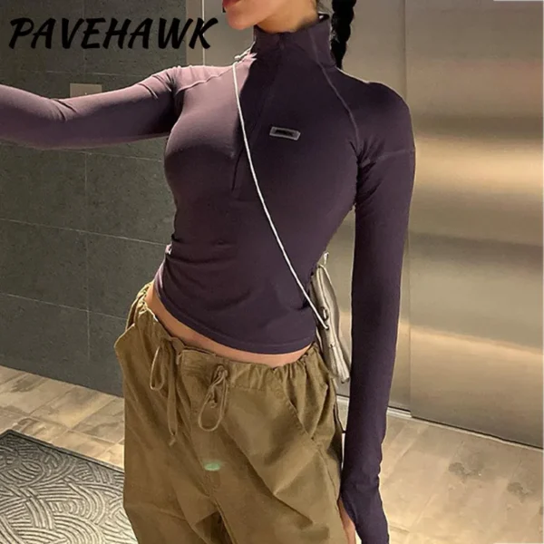 Women Y2K Tops Zipper Long Sleeve Causal Basic Skinny T Shirt Streetwear Solid Pullovers Harajuku Crop Tops Female Clothes - Image 6