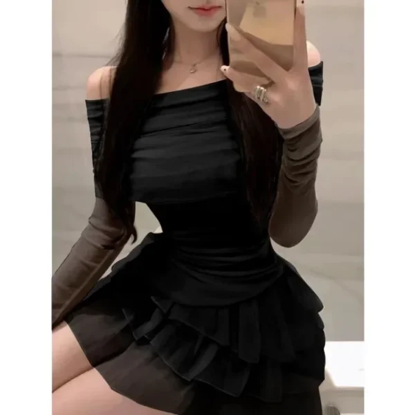 Two Pieces Set Slash Neck Solid Pleated Slim Irregular Women T-shirt + Y2k Aesthetic Fashion Chic Sweet Layered Ball Gown Skirts - Image 5