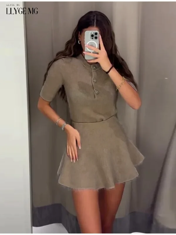 Women's Two Pieces Set Knitwear Summer Short Sleeve Knitted Pullovers A-line Mini Skirt Sets Woman O-neck Buttons Suits Solid - Image 5