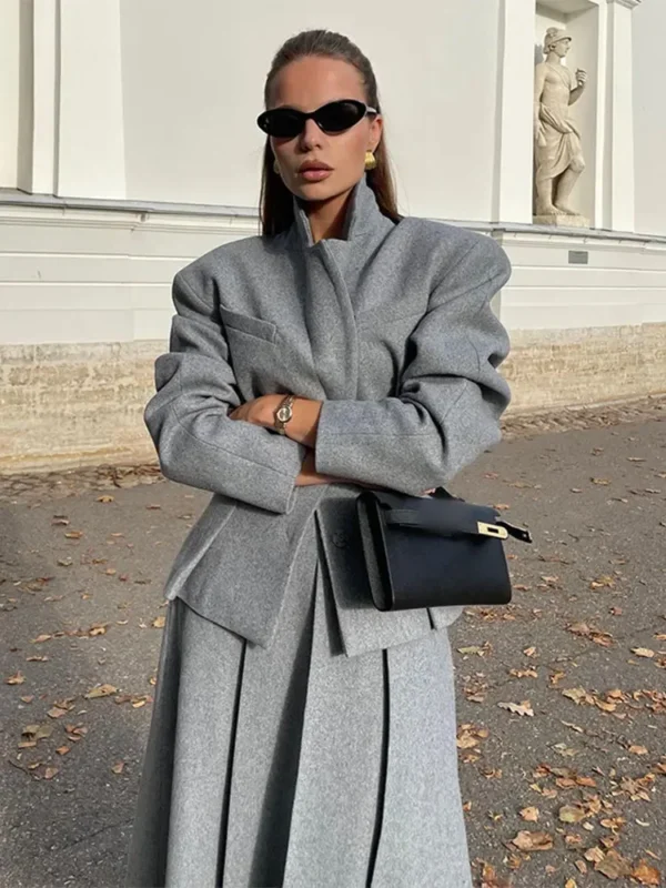 Women Fashion Solid Woolen Skirt Suits Elegant Stand Collar Full Sleeve Coat Loose Pleated Long Skirts Set Fall Chic Lady Outfit - Image 5
