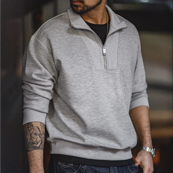 Maden Men's Spring and Autumn Casual Gray Pullover Sweatshirt Patchwork Standing Collar Sweatshirts Metal Zipper Top Clothing - Image 2