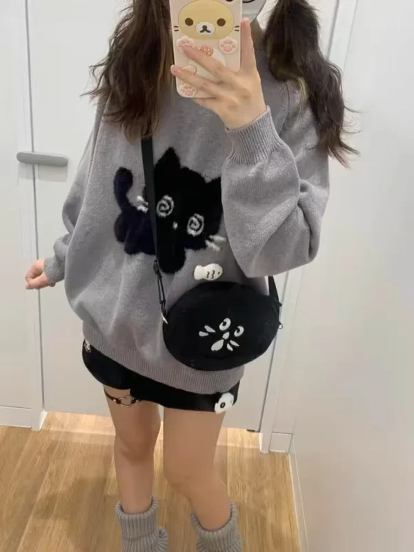 Deeptown Kawaii Gray Women Sweaters Japanese Preppy Style Knitted Pullovers Cutecore Oversized Jumpers Sweet Harajuku Soft Girl - Image 2