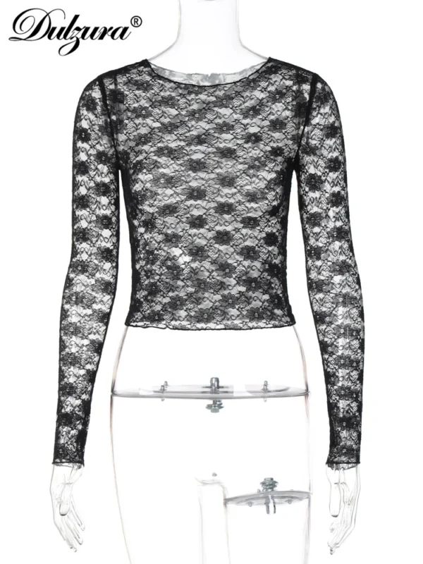 Dulzura Long Sleeves See Through Lace Crop Top Solid Sexy Bodycon T-Shirt For Women Party Club Autumn Winter Clothes - Image 6