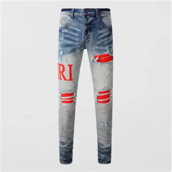 High Street Fashion Men's Jeans Vintage Elastic Tight Split Jeans Men's Blue Hole Red Patch Designer Hip Hop Brand Pants Homer - Image 2