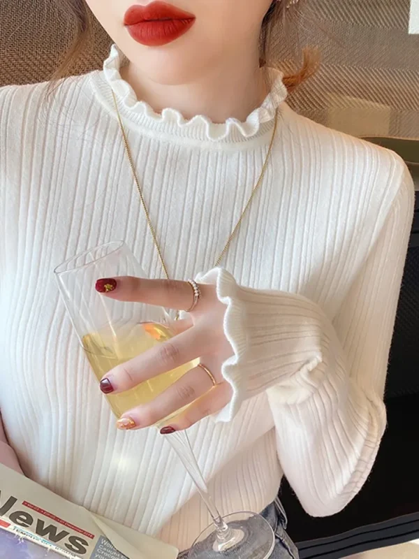 2024 Elegant Solid Basic Knitted Tops Women Turtlneck Sweater Casual Slim Pullover Korean Fashion Simple Chic Ruched Clothes - Image 2