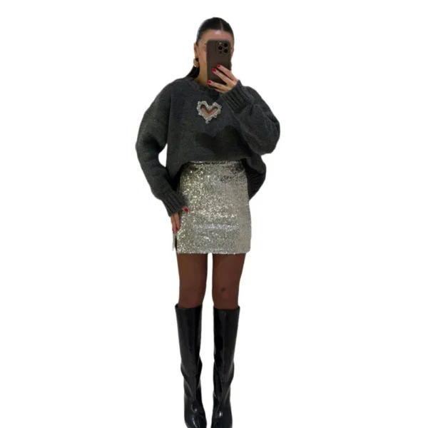 Round Neck Diamond Hollowed Studded Heart-shaped Long Sleeved Pullover Women's Solid Color Leisurely Fashion Style Party Sweater - Image 5