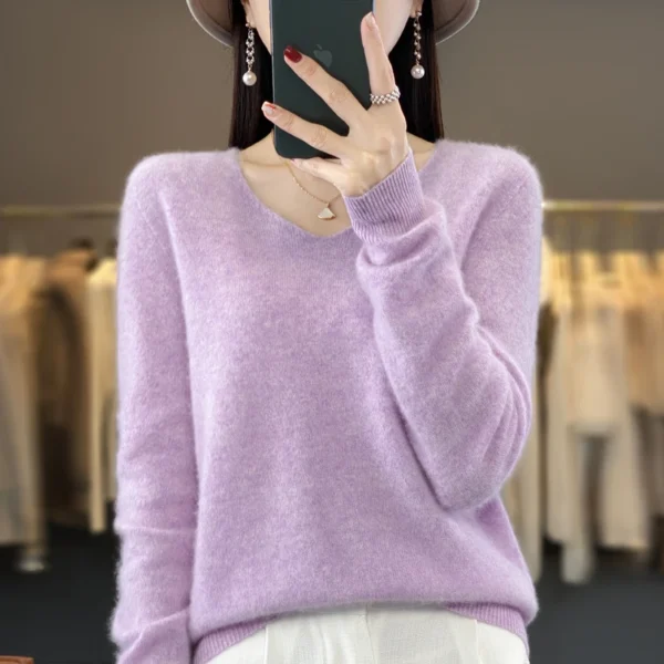 100% pure wool cashmere sweater women's V-neck pullover casual knit top autumn and winter women's coat Korean fashion - Image 3