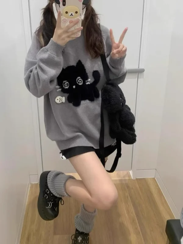 Deeptown Kawaii Gray Women Sweaters Japanese Preppy Style Knitted Pullovers Cutecore Oversized Jumpers Sweet Harajuku Soft Girl