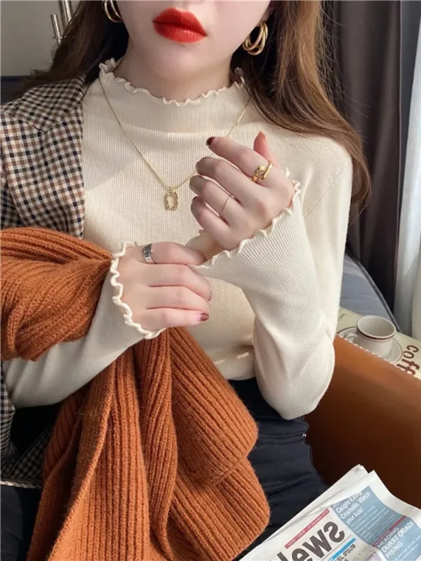 2024 Autumn Winter Sweater Women Knitted Ribbed Pullover Korea Long Sleeve Ruffles Turtleneck Slim Jumper Soft Warm Pull Femme - Image 3