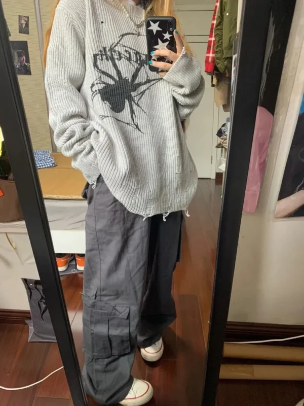 Milang girl Spider Print Harajuku Sweater Women Gothic Vintage Ripped Grunge Jumper Streetwear Korean Oversize Hiphop Pullover - Image 3