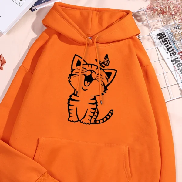 Cartoon Cat and Butterfly Print Hoodie Man Autumn Warm Fleece Hoodies Comfortable Pullover Simple Loose Hoody Street Clothing - Image 3