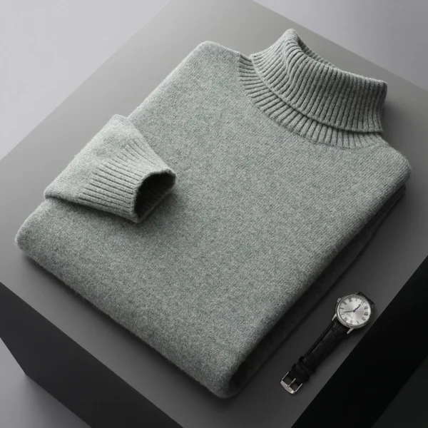 Autumn and winter 100% pure wool men's high collar thick solid color loose cashmere knit bottoming shirt - Image 2