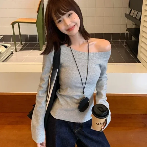 Sexy Pullovers Women Off Shoulder Cropped Knitted Basic Clothes Autumn All-match Side Slit Simple Tender Slim Gentle Seductive - Image 2
