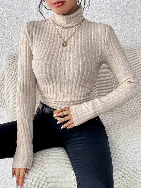 Autumn and Winter Sexy Texture Pit Stripe Slim Knit Long Sleeve Women's t-shirt New High Neck Women's Tops Casual Women's Tops