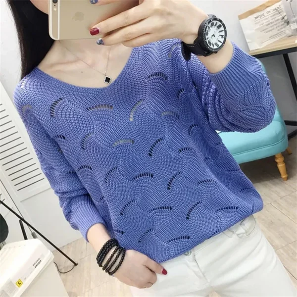 Autumn Winter V-neck Elegant Sweet Knitting Hollow Out Top Women Solid Casual Sweater Ladies Korean Style All-match Pullover2024 - Image 2