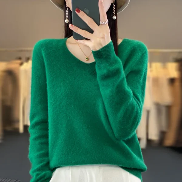 100% pure wool cashmere sweater women's V-neck pullover casual knit top autumn and winter women's coat Korean fashion - Image 4