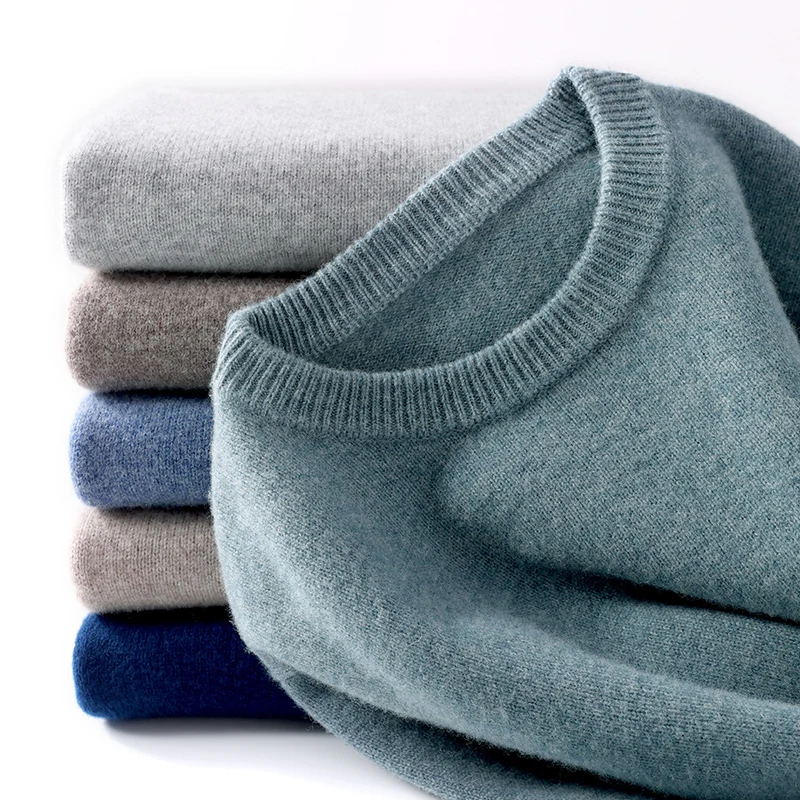 Autumn and Winter Men's 100% Pure Sheep O-Neck Sweater Casual Solid Color Knitted Long Sleeve Pullover Men's Wool Sweater New