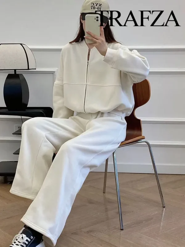TRAFZA Women's 2-piece Retro Solid Color Zipper Bomber Jacket Sweatshirt + High-waisted Lace-up Women's Loose Velvet Pants Suit - Image 4