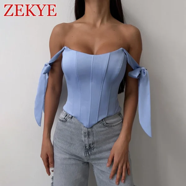 Yaminiya Streetwear Bandage Corset Top Women Elegant Solid Satin Kawaii Backless Zipper Slim Crop Top Fashion Summer Clothes - Image 2