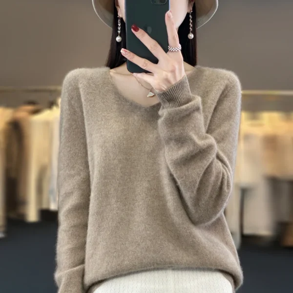 100% pure wool cashmere sweater women's V-neck pullover casual knit top autumn and winter women's coat Korean fashion - Image 2