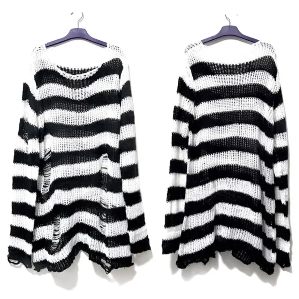 Punk Gothic Stripe Long Sweater For Women Spring Summer Fashion Hollow Out Unisex Jumper Female Street Rock Loose Broken Sweater - Image 3