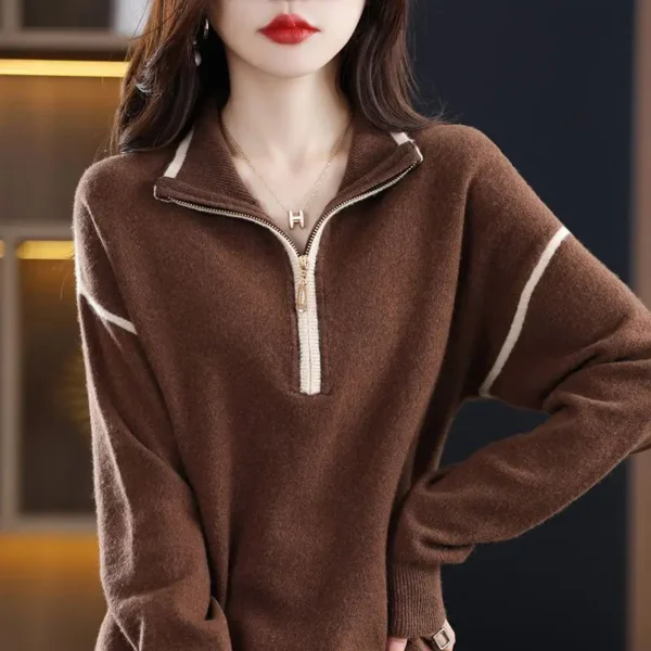 Ladies Fashion Zipper Turn-down Collar Long Sleeve Sweater Coat Autumn Winter All-match Patchwork Knitting Pullovers Top Tee - Image 2