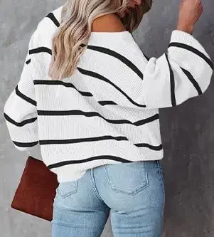 Long sleeved striped sweater sexy off shoulder lantern sleeve pullover - Image 3