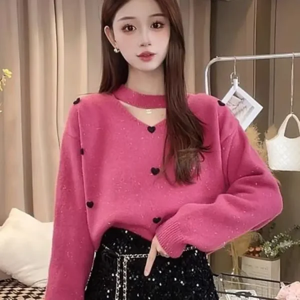 French Gentle Style New Retro Love Chic Temperament V-neck Pullover Long Sleeved Knitted Sweater - Image 3