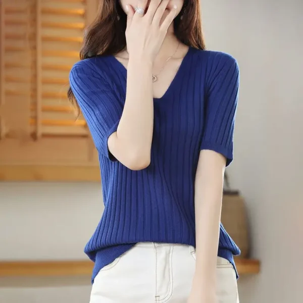 2023 New Spring Summer New Women's V-neck Short-Sleeved Exquisite Cashmere Knitted Sweater Pullover Solid Color - Image 3