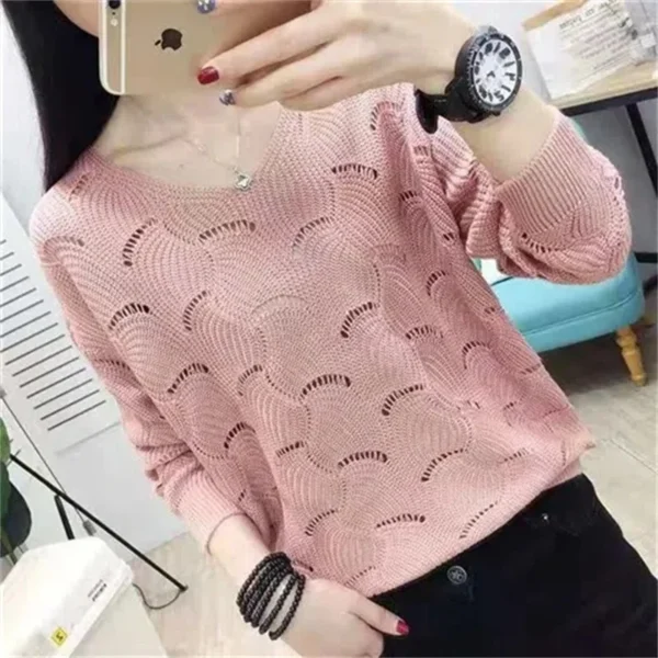Autumn Winter V-neck Elegant Sweet Knitting Hollow Out Top Women Solid Casual Sweater Ladies Korean Style All-match Pullover2024 - Image 4