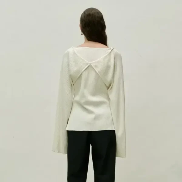 VKC@ Pit Stripe Knitted Shirt for Women's Spring 2025 Casual Metal Buckle Decoration Wide Sleeve Tube Long Sleeve Pullover Top - Image 2