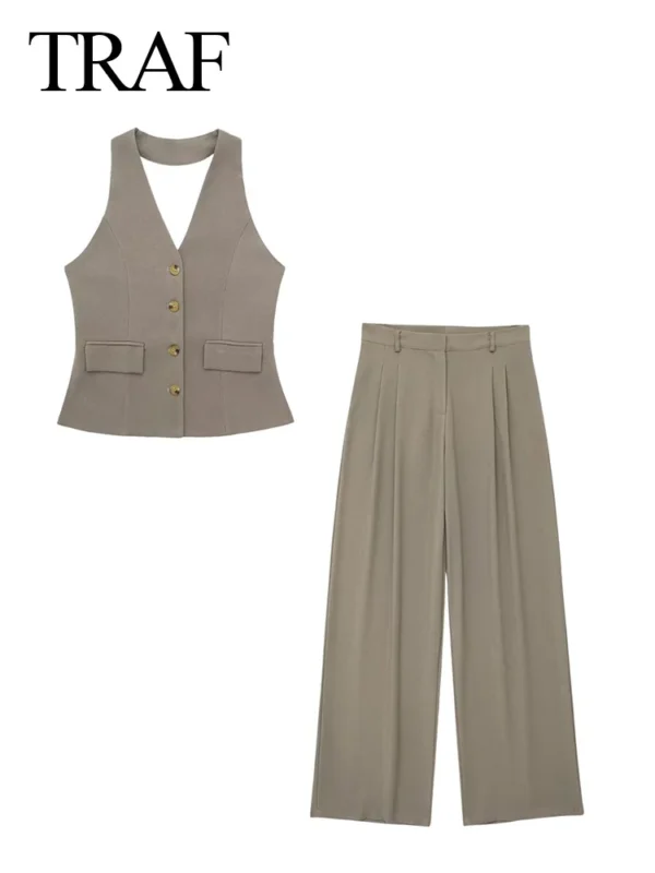 TRAF Women 2 Piece Set Halter Neck Single-Breasted Pocket Sleeveless Halter Vest Tops+High Waist Zipper Pockets Wide Leg Pant - Image 3