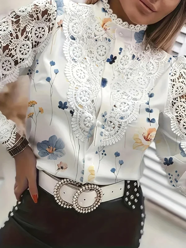Shirts Elegant Office Ladies White Collared Lace Patchwork Hollow Out Button Up Womens Tops And Blouses 2024 Fashion New Blouse - Image 4