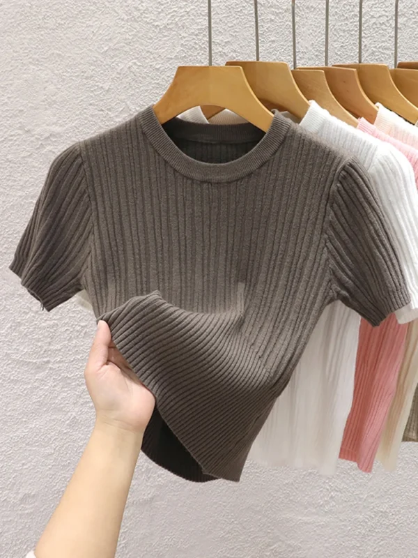 2024 Summer T shirts for Women Casual Female Korean Knit Streetwear Tees Basic Solid Young Cool Tops - Image 6
